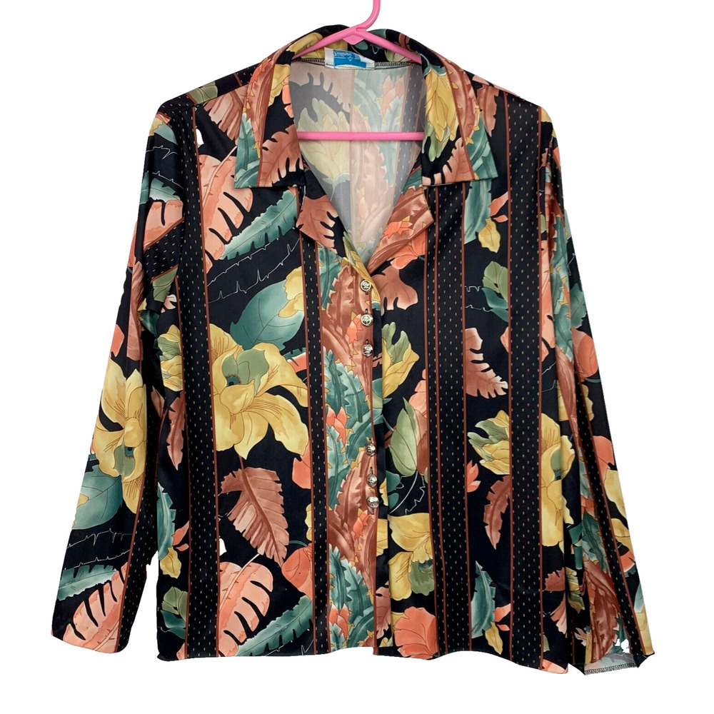 Vintage 70s Village Fair Abstract Floral Slick Button Up Shirt Bust 42"